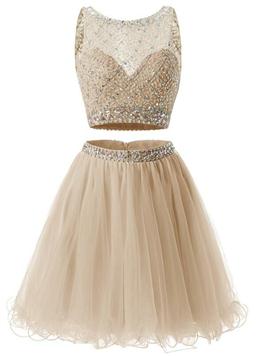 Picture of Two Piece Champagne Beaded Tulle Homecoming Dresses, Short Prom Dresses Party Dresses